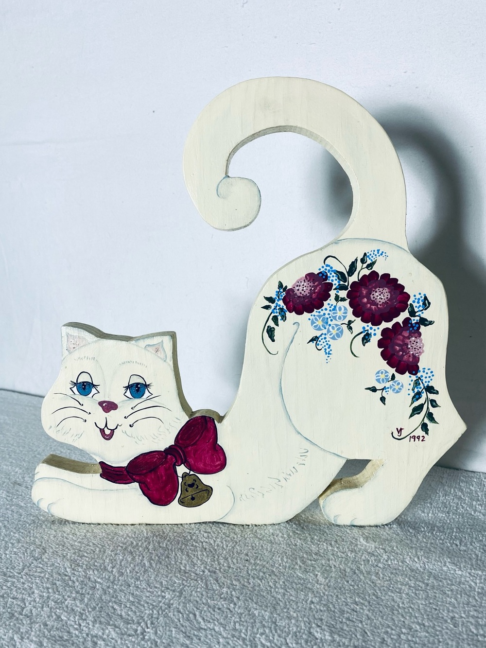 Vintage 1992 Hand Painted Wood Cat Shelf Sitter Countrycore Cottagecore Grandma